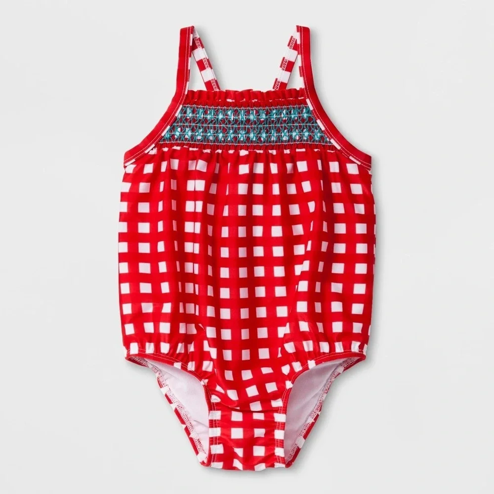 Kids Girl 2T Month Red Gingham One-Piece Swimsuit with Smocked Detail